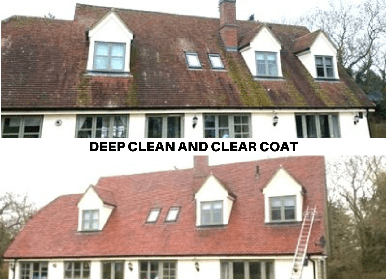 A deep cleaned and clear coated roof that has been serviced by a professional roof cleaning and coating service.