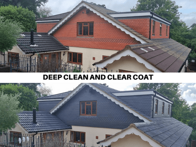 Roof deep cleaned and coated roof by a roof cleaning service.