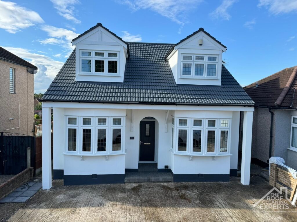 Professional Essex roof cleaning team safely removing moss from a residential tiled roof